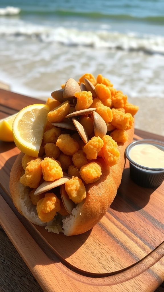 A clam roll filled with fried clams, served with lemon wedges and tartar sauce on a sunny beach.